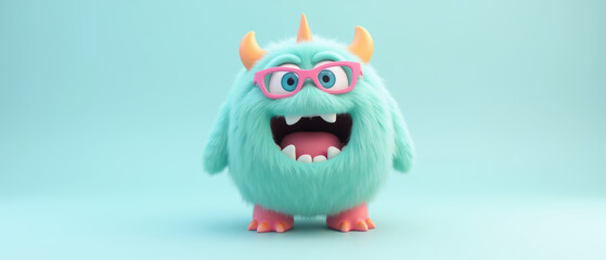 Obraz premium Cute furry monster with glasses and colorful features, smiling joyfully