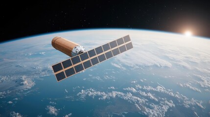 Fototapeta premium Satellite orbiting Earth, sunrise backdrop, space exploration