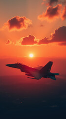 fighter jet soars through vibrant sunset sky, showcasing its sleek design against colorful clouds