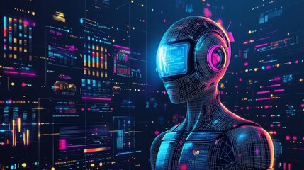 Futuristic robot wearing VR headset analyzes data streams.