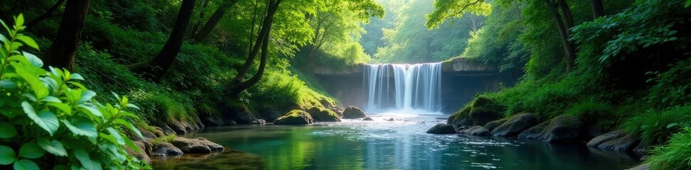 Fototapeta premium Forest river with lush vegetation and waterfall, forest scenery, nature, forest waterfall