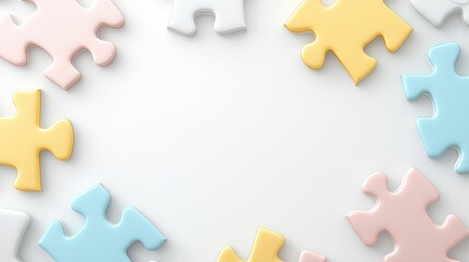 Obraz premium A minimalist puzzle border design with pastel jigsaw pieces forming a playful yet elegant frame, creating a charming space for text or design in the middle.