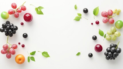 A mix of red, green, and black grapes arranged beautifully on a white background, highlighting the variety and richness of these juicy fru.