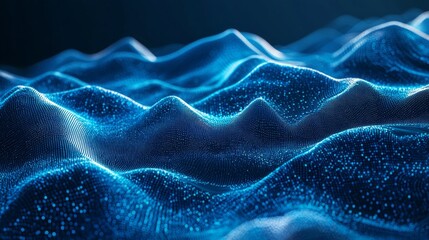 Obraz premium Undulating waves of vibrant blue light ripple across a tranquil digital landscape, evoking a sense of calm and wonder. The scene captures the beauty of light and motion harmoniously intertwined