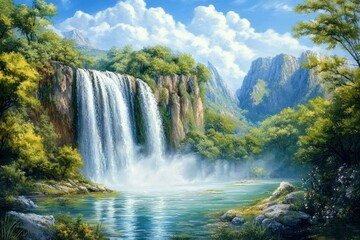 Fototapeta premium Serene Waterfall in Lush Landscape Under Bright Blue Sky with Majestic Mountains in the Background