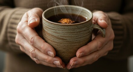 Warmth in Hands: A close-up shot captures a pair of hands gently cradling a steaming mug of dark beverage, the warmth and aroma of the drink inviting comfort and serenity.