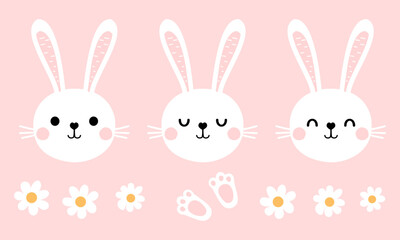 Set of bunny rabbit cartoons, daisy flower and foot print on pink background vector.