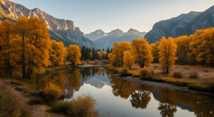 Golden autumn trees lining the foothills of a rugged mountain range, with a river reflecting the warm hues of the leaves and the crisp blue sky above
