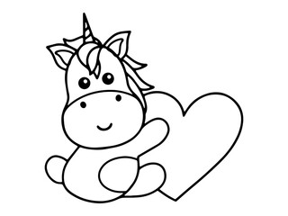 Valentine Day Unicorn Holding Heart Line Art