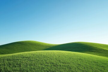 Fototapeta premium Lush green hills and vibrant grasslands under bright blue sky - serene landscape for nature enthusiasts and outdoor lovers