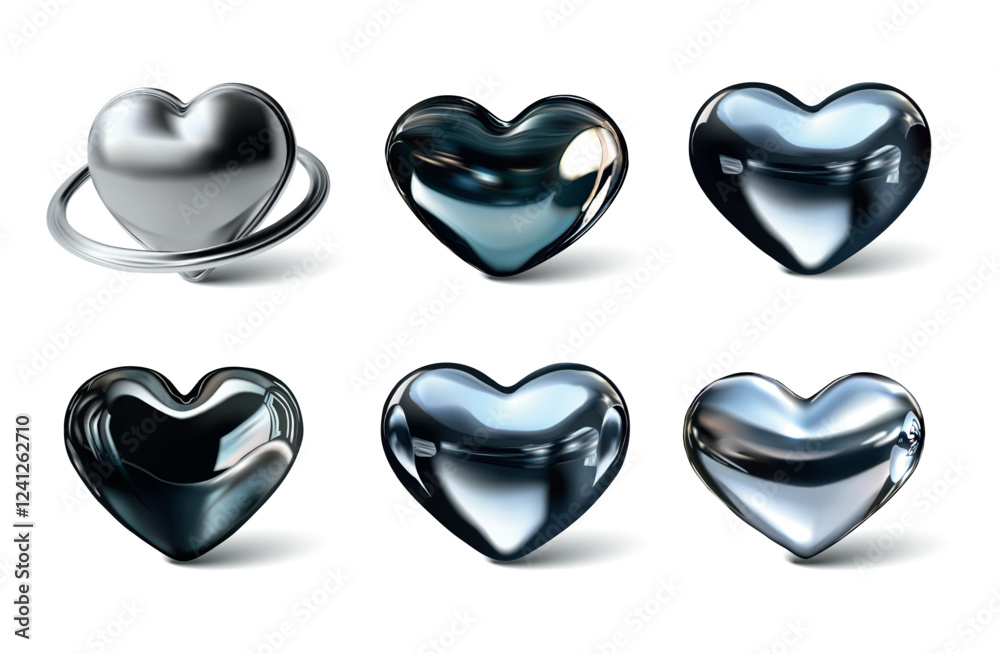 Poster A collection of six metallic hearts positioned in a row, each with unique shapes and finishes. The hearts vary in color and sheen, presenting an array of artistic possibilities for design.