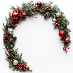 A beautiful green and red christmas wreath with ornaments