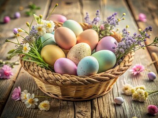 Vintage Easter Eggs Nestled in Spring Flowers - Rustic Springtime Decoration