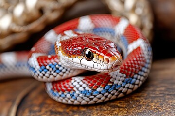 Obraz premium A vibrantly colored snake with intricate red, white, and blue scales, coiled elegantly on a textured wooden surface, showcasing its mesmerizing patterns and sharp details - AI Generated Digital Art.