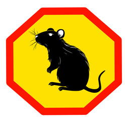 vector design element in the form of a black silhouette of a mouse or rat sitting with its tail, legs and ears on a yellow background, a sign as a sign of a litter-free area
