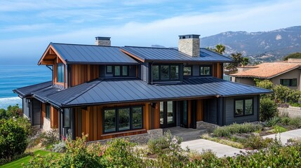 Beautiful wood-frame architecture with a new aluminum roof in a coastal district 
