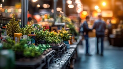 Vibrant marketplace scene featuring lush plants and busy shoppers engaging in conversation