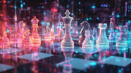 Obraz premium A digital chessboard with holographic pieces symbolizing AI in business strategy.