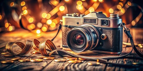 Fototapeta premium Vintage Film Camera & Scattered Film Rolls: Retro Photography Still Life