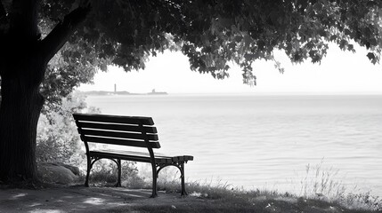 Black-and-white photograph of an old metal bench under a shade tree, overlooking calm lake water
