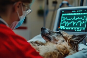Veterinarian performs an ECG diagnostic on dog. Rhythm monitor in the background.