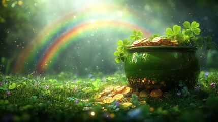 Pot of gold coins, shamrocks and rainbow. St. Partick's Day background