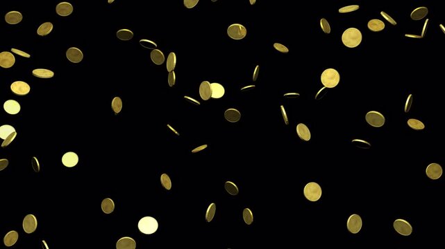 Gold coins falling over a transparent background. Looping animation. 3D render. 