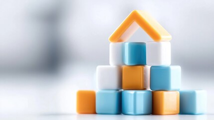 Obraz premium Colorful blocks forming house; blurred background; growth concept; stock photo