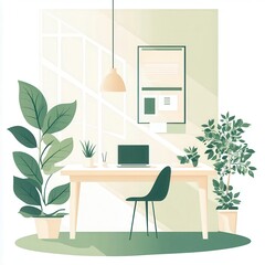 Eco-friendly office, modern design with sustainable materials, flat design illustration
