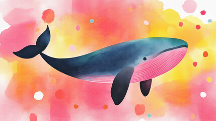 Blue whale, watercolor, A colorful watercolor illustration of a whale swimming against a vibrant,...