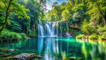 Naklejka premium Tranquil waterfall scene with crystal clear lake and lush green trees in the background, forest scenery, peaceful natural settings