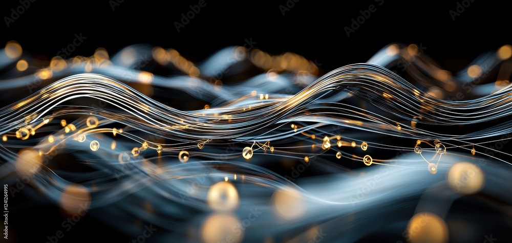Poster a futuristic motion design featuring abstract glowing lines, curved patterns, and bright gold light 