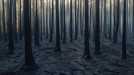 Naklejka premium Charred Forest After Wildfire in Desolate Landscape