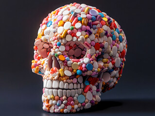 Intricate design of a photorealistic skull composed entirely of colorful pills and capsules showcasing the intersection of art and health