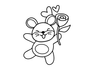 Valentine Day Mouse Holding Rose Outline