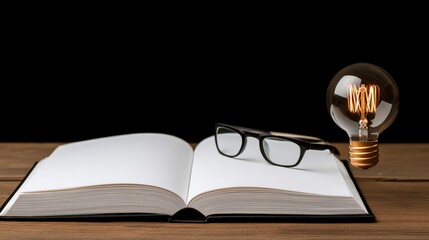 Open Book, Light Bulb and Glasses: A concept of ideas with an open book, eyeglasses, and a lit light bulb creating a mood for the inspiration.