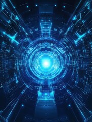 Obraz premium Futuristic blue digital background with glowing lines and patterns, ideal for sci-fi and tech themes.