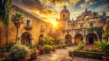 Vintage Photo: Colonial Convent, Mexico - Sun-Drenched Walls & Lush Gardens