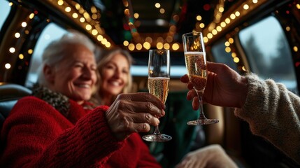Celebrating joyfully inside a festive limousine, toasting with champagne amidst holiday lights
