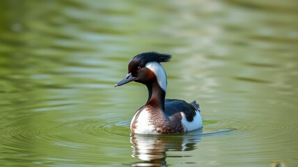 Vibrant bird swimming in serene water under soft sunlight in a tranquil setting