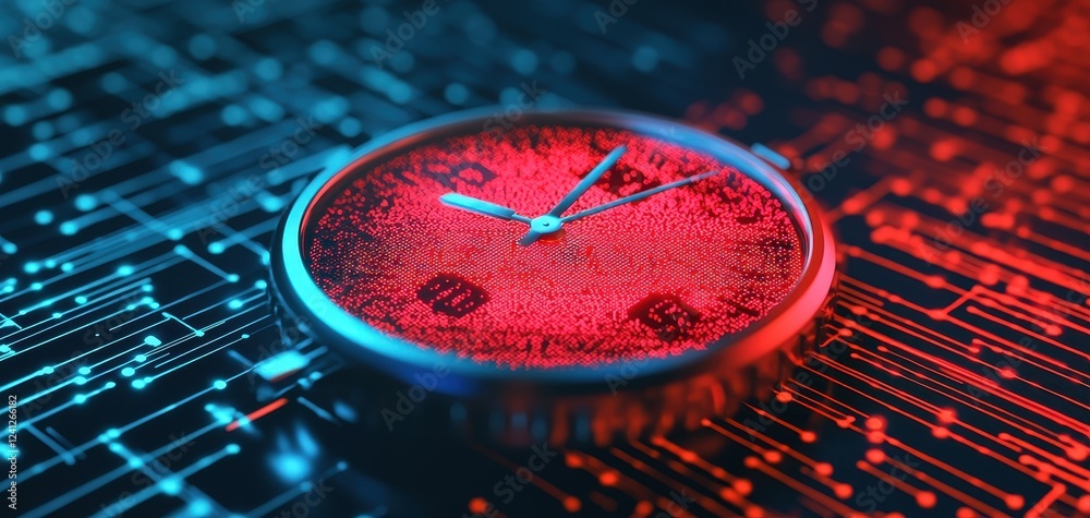 Poster Abstract futuristic clock symbolizing digital time and technology, illuminated by modern light effects, showcasing innovation and datum in a conceptual design.