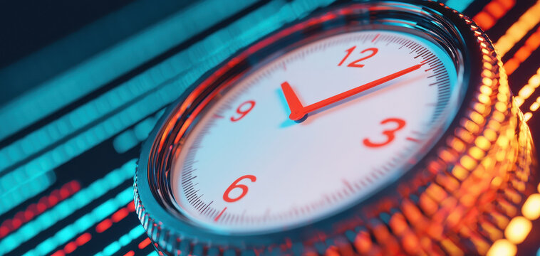 A futuristic digital clock glows with abstract light, representing the concept of time and modern technology, enhanced by innovation and datum visualization.