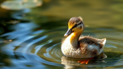 Fototapeta premium Duckling swims gracefully in a tranquil pond surrounded by rippling water and lush greenery during a sunny day