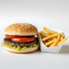 Front view of classic hamburger with crispy fries on white background, featuring sesame bun, fresh lettuce, tomato, melted cheese, perfect for fast food advertising and menu design.