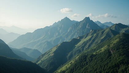 A majestic mountain range with lush green peaks, standing tall under a soft blue sky, creating a tranquil nature scene.