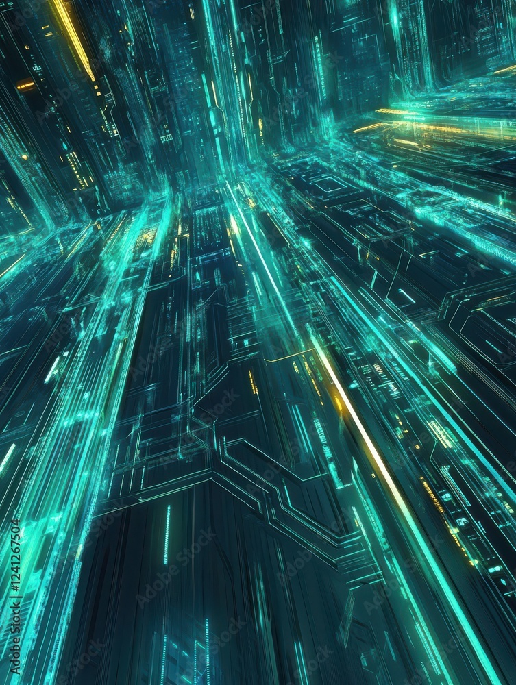 Poster abstract tech background featuring a circuit board design with glowing lines and nodes, blending sha