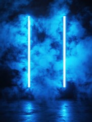 Abstract blue neon lights in a dark room with smoke