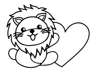 Valentine Day Lion Holding Heart Line Art