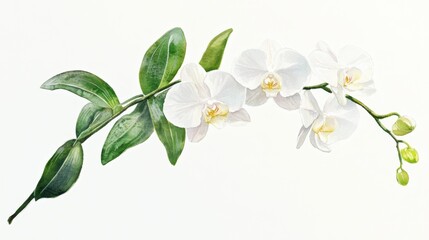 Fototapeta premium Watercolor painting of a white orchid branch with green leaves