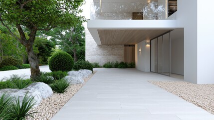 Modern house entrance, landscaped garden, sunny day, architectural design, real estate